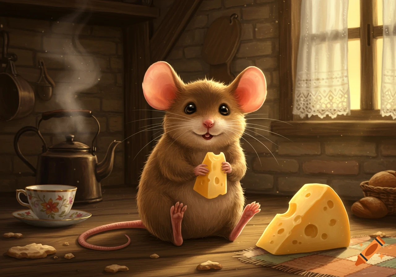 A cute brown mouse sits on a wooden floor in a rustic kitchen, holding a piece of Swiss cheese, with a steaming kettle and teacup in the background.
