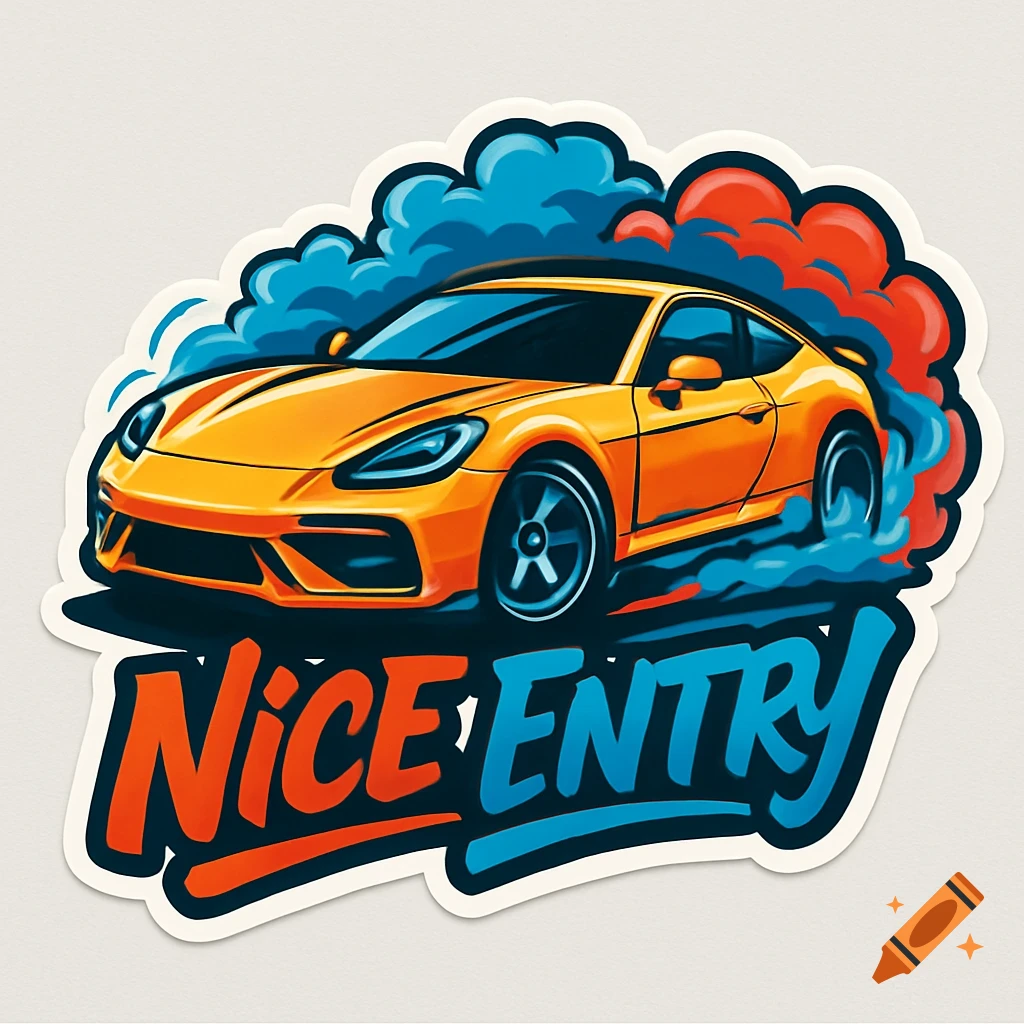 A vibrant sticker illustration of an orange sports car drifting with blue and red smoke, featuring the text "NICE ENTRY" below.