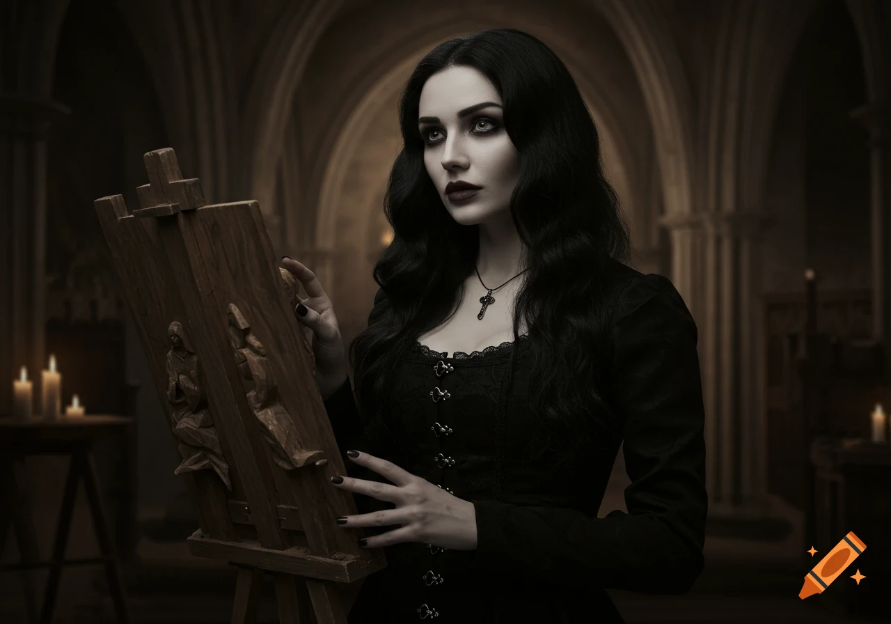 A gothic woman with long black hair, in a black dress, looks at a wood carving on an easel in a dimly lit, arched hall.