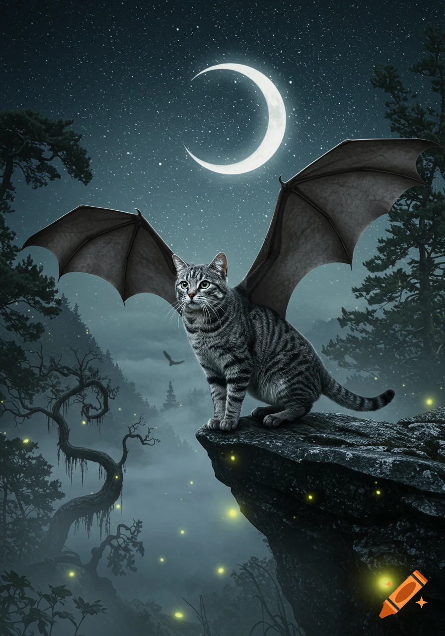A gray tabby cat with bat wings sits on a rock overlooking a foggy forest at night under a crescent moon.