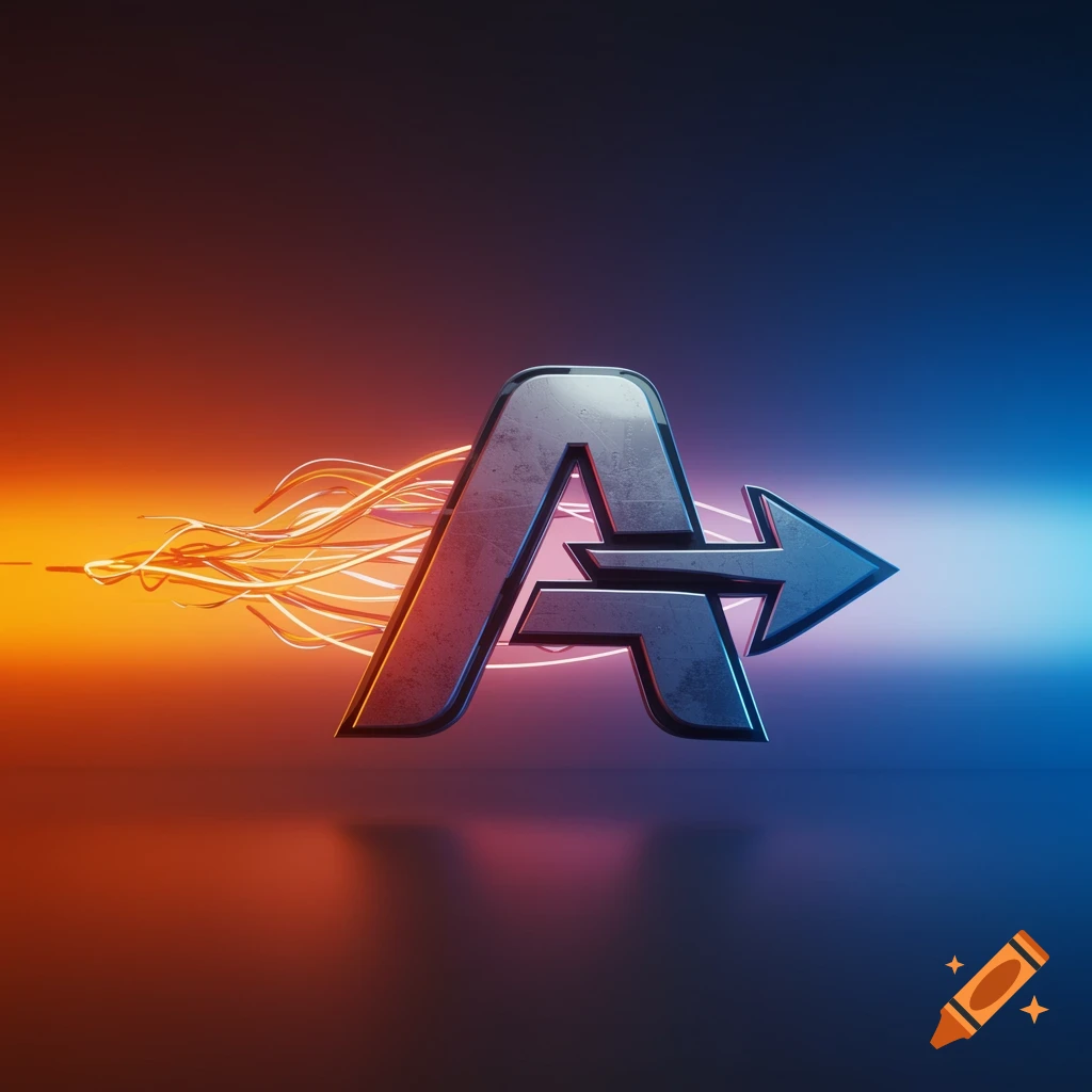 A metallic letter A stylized as an arrow, with glowing orange energy trails on a blue and orange gradient background.