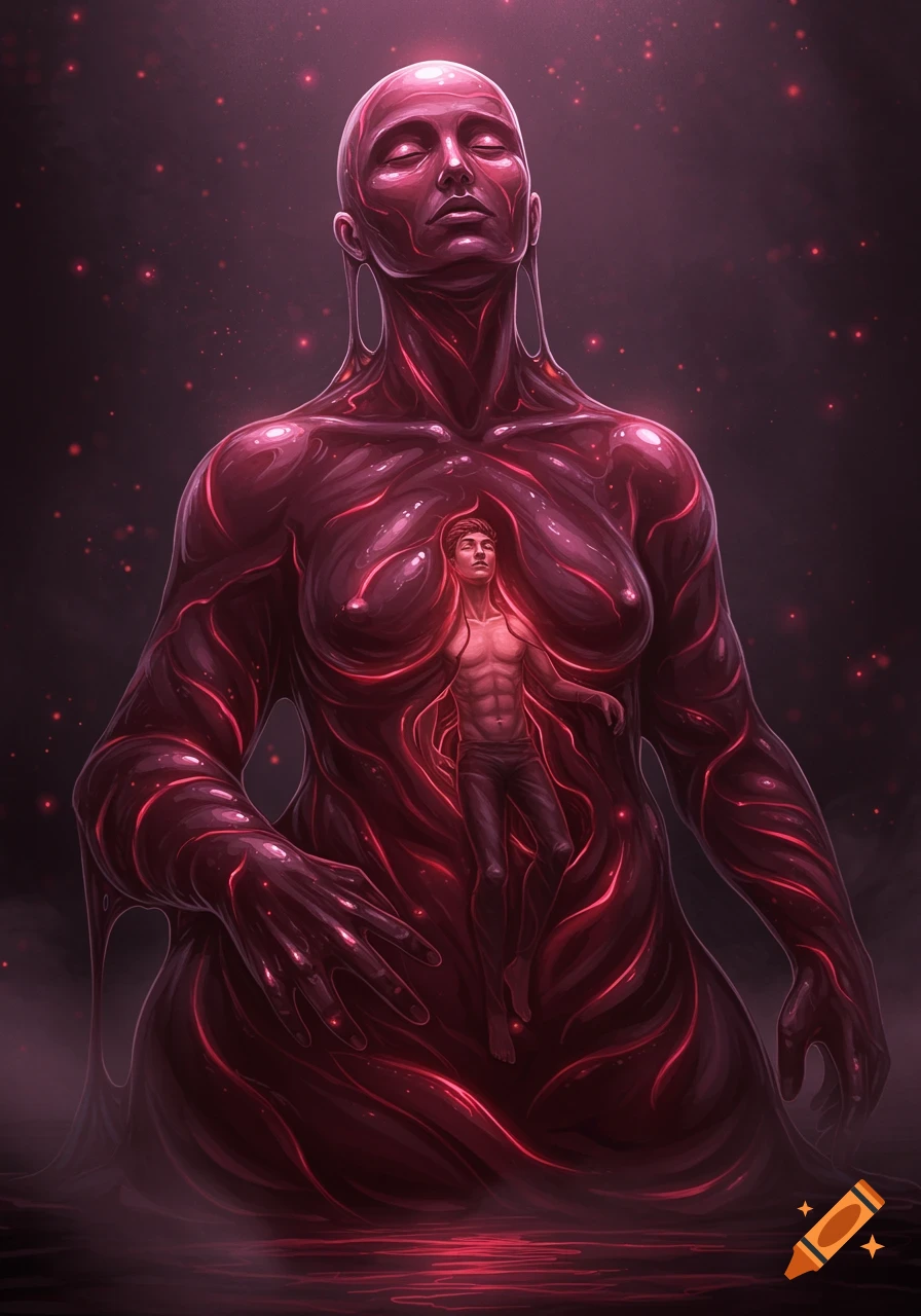 A large, glowing magenta humanoid figure made of viscous material, with a smaller man suspended within its chest. Red light pulsates from within the figure, creating glowing veins. The background is dark with scattered red specks.
