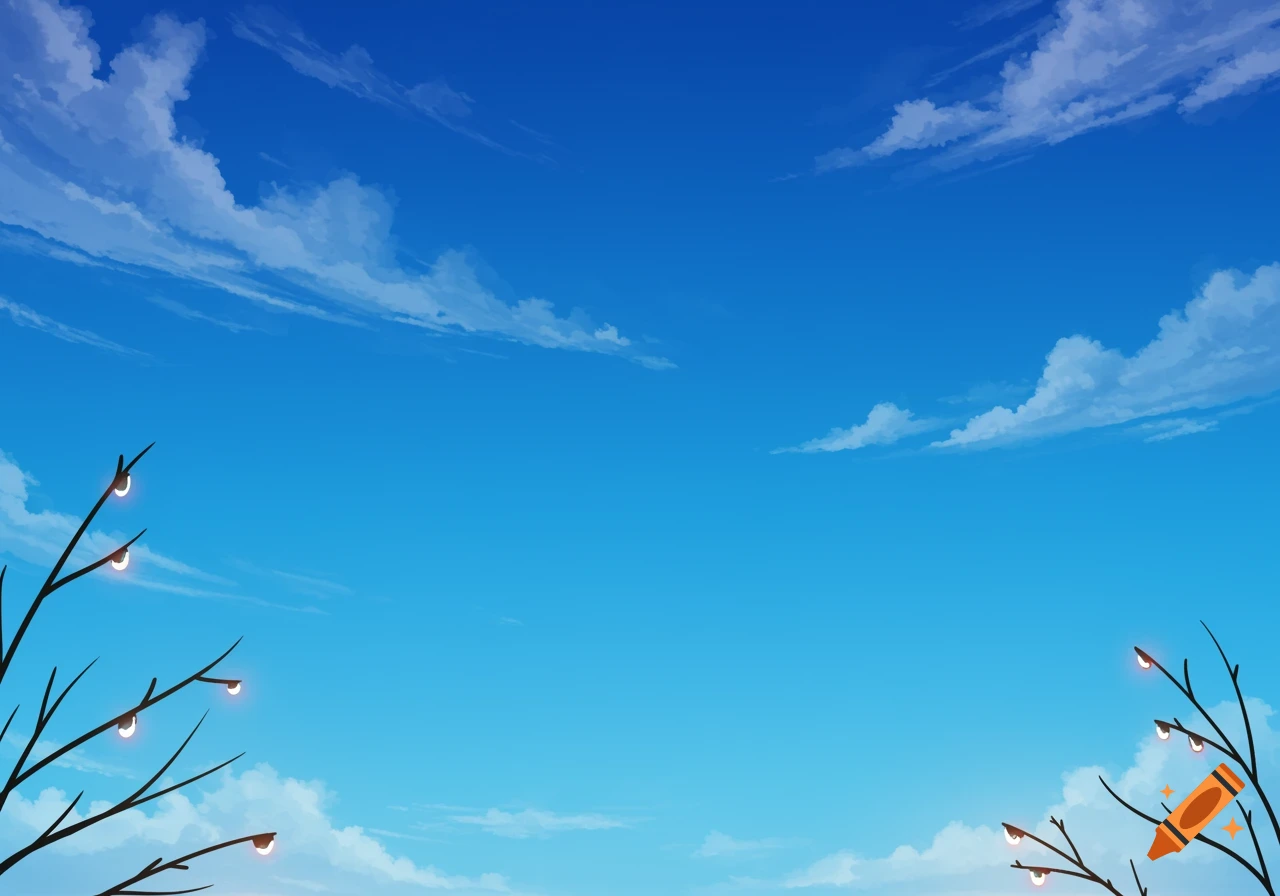 An anime-style illustration of a vibrant blue sky with scattered clouds, and tree branches with glowing lights in the bottom corners.