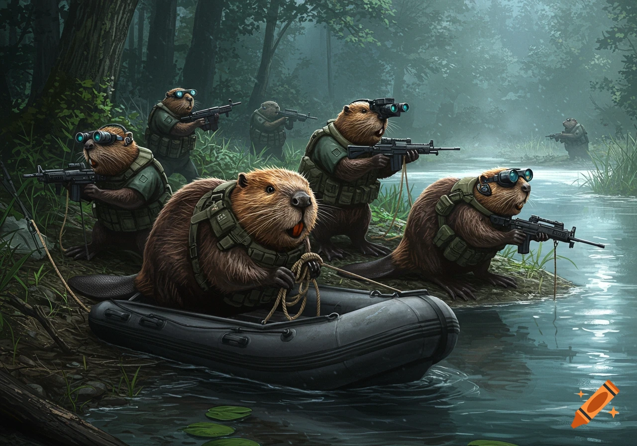 A group of beavers dressed in military tactical gear with rifles, one holding a rope by a small inflatable boat in a murky river, with a misty forest background.