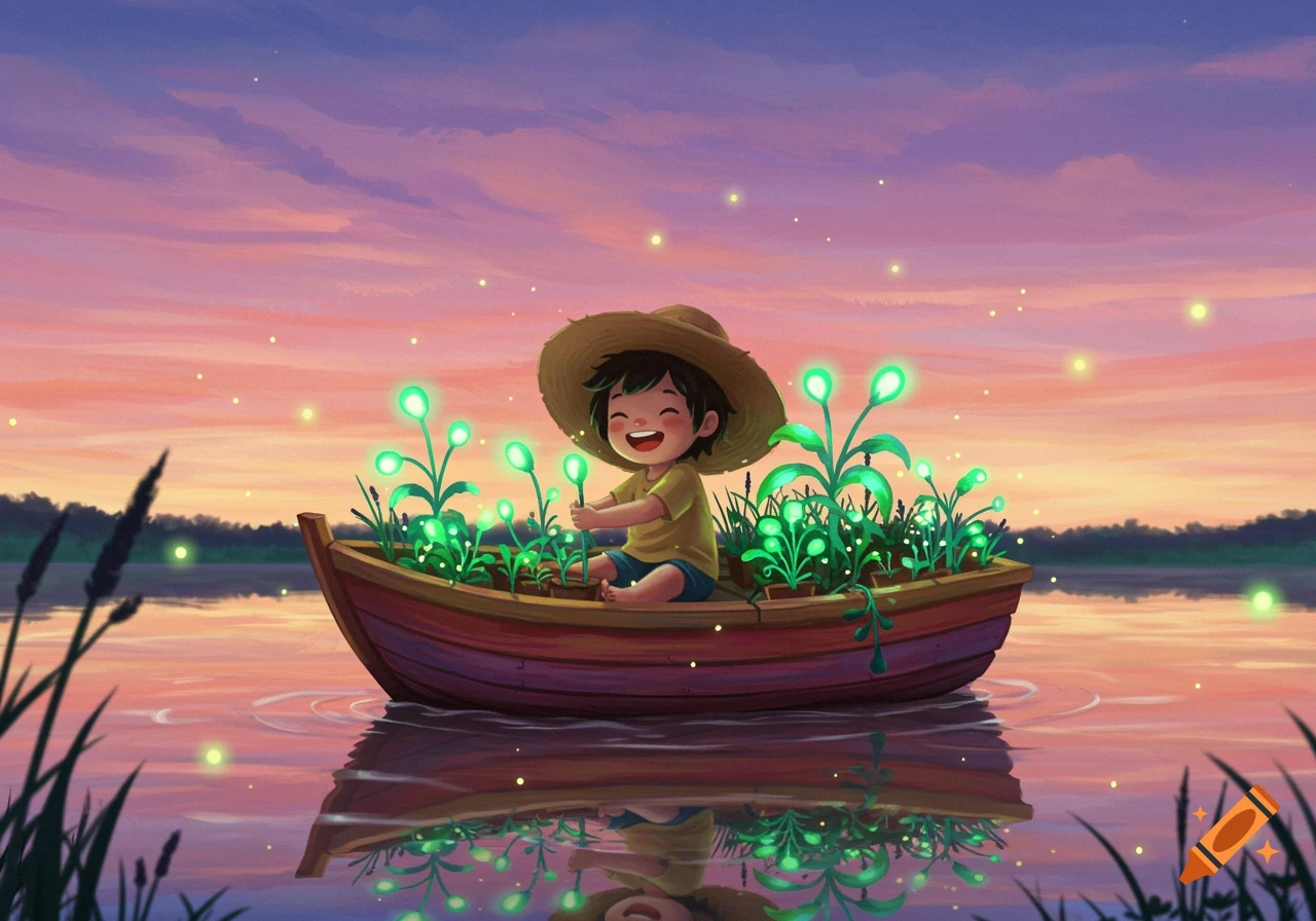 Smiling cartoon child in a boat filled with glowing plants on water at sunset, surrounded by fireflies.