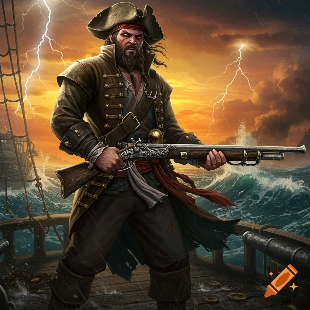 A grizzled pirate with a musket stands on a ship deck during a stormy sunset with lightning striking.