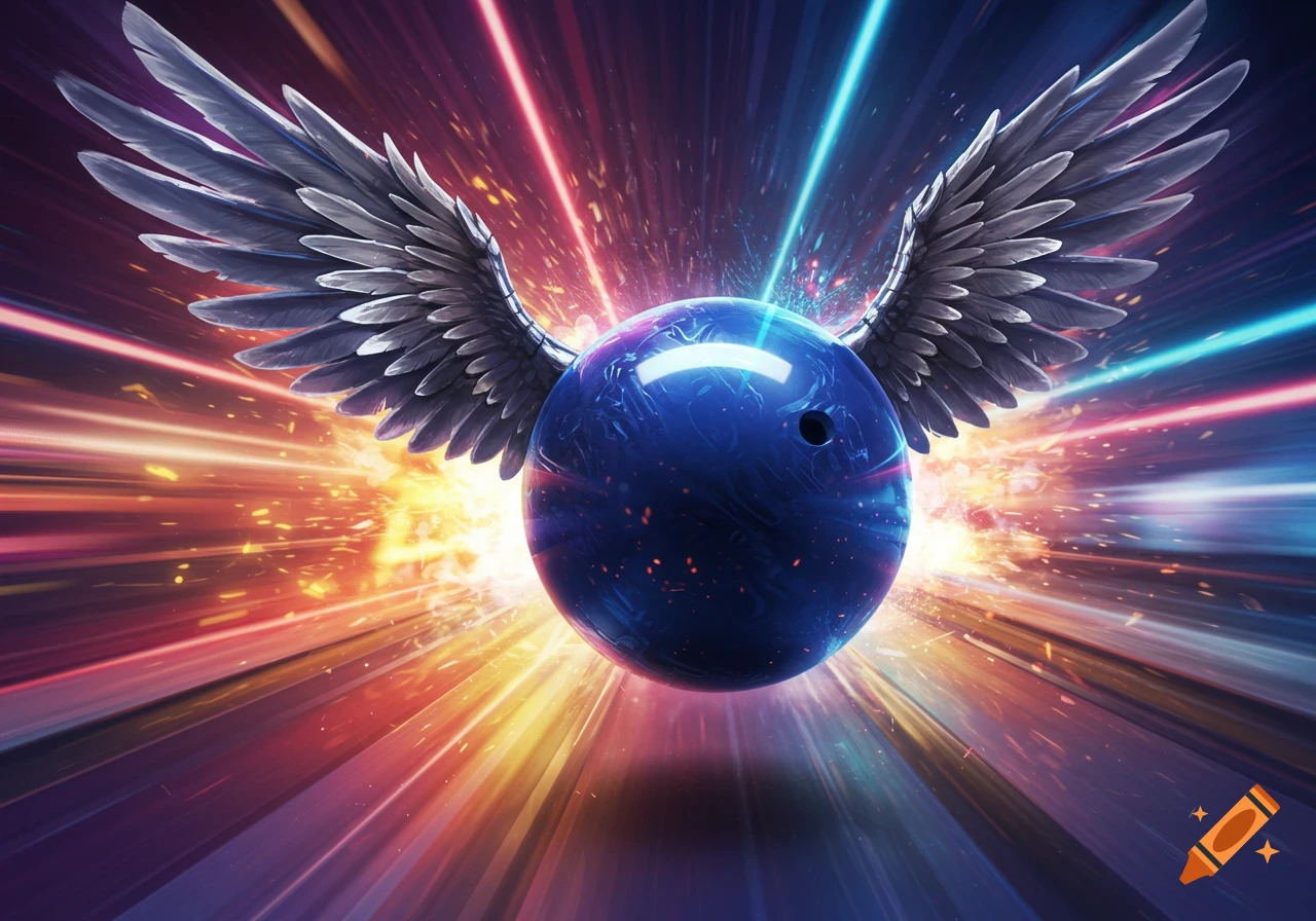 A winged blue bowling ball speeds through colorful light trails and sparks.