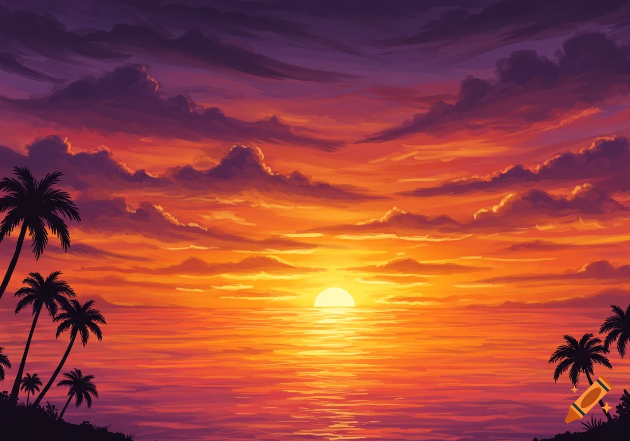 A vibrant sunset over the ocean with orange and purple hues, silhouetted palm trees frame the scene.