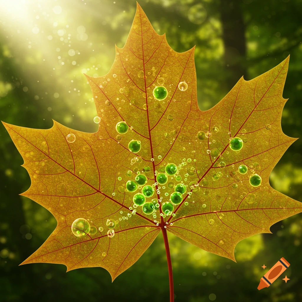 Close-up of a vibrant golden maple leaf adorned with glowing green and clear bubbles, illuminated by sun rays in a blurred forest.