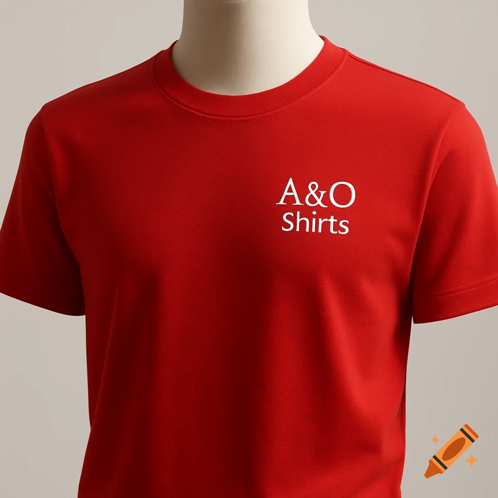 A red t-shirt with white text 'A&O Shirts' on a mannequin.