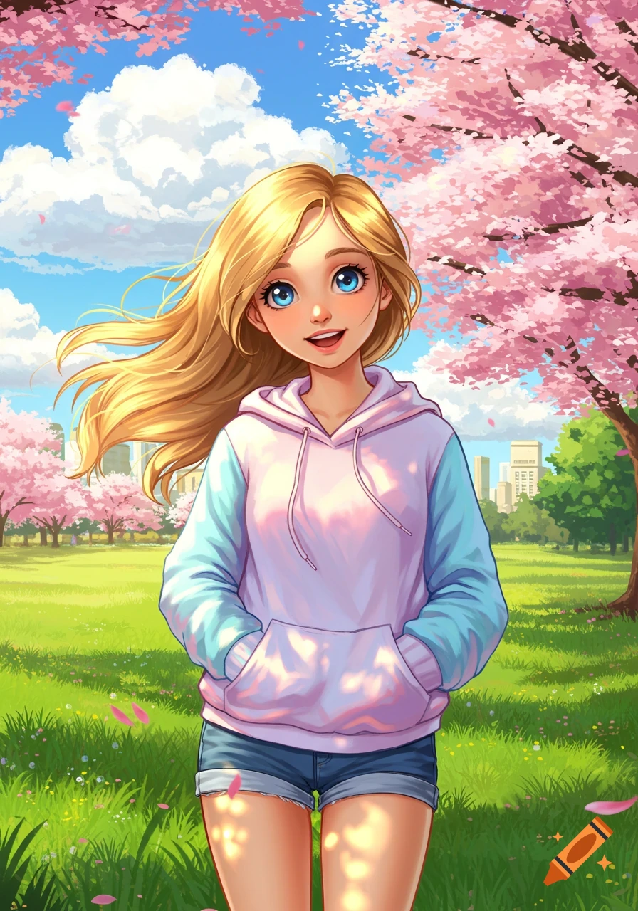 A smiling anime girl with blonde hair and blue eyes stands in a vibrant park surrounded by pink cherry blossom trees.