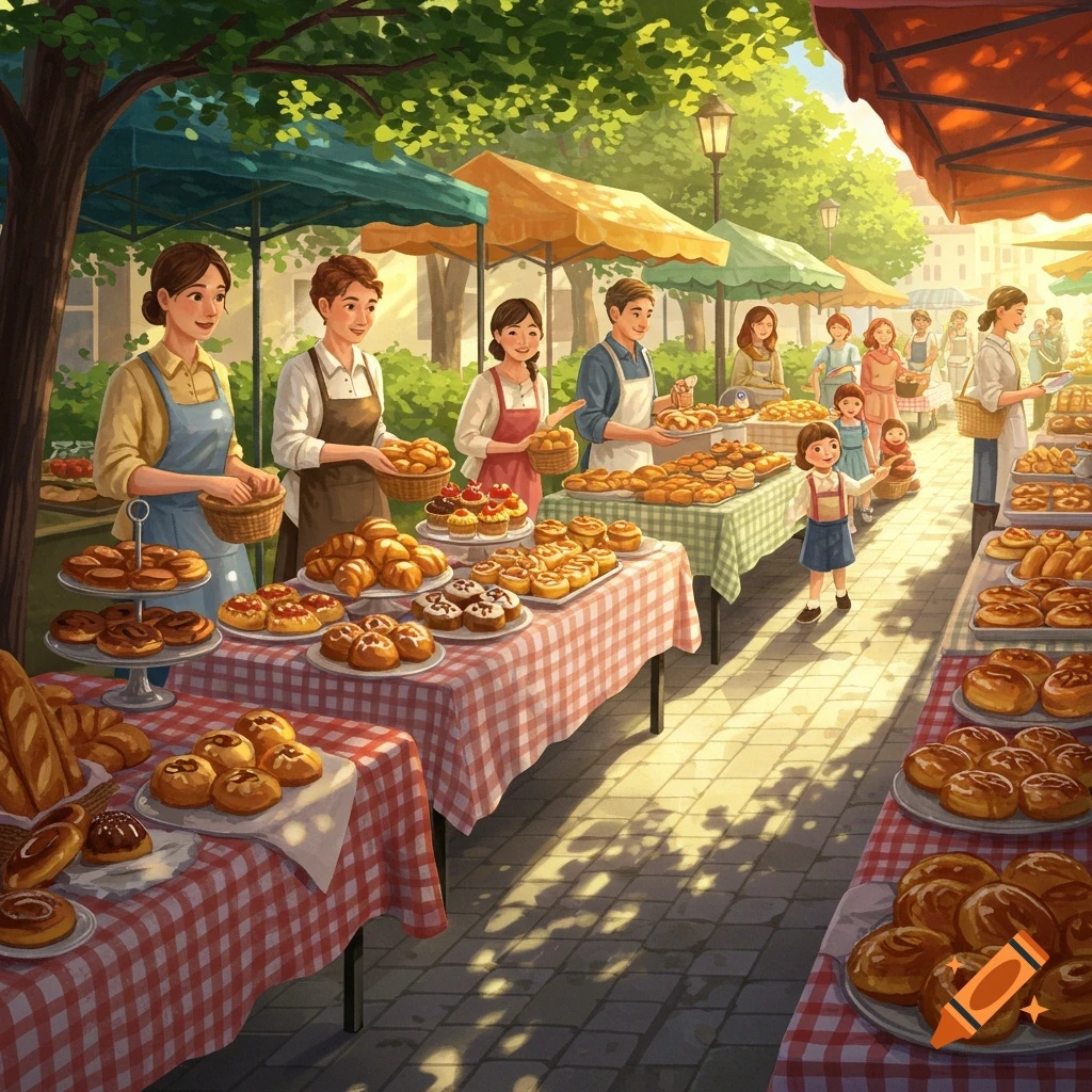 A vibrant illustration of an outdoor bake sale with vendors and customers selling and buying various baked goods on a sunny day.