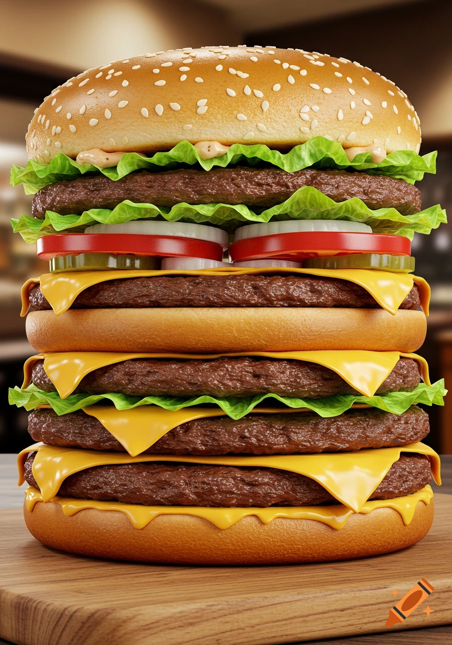 A towering, photorealistic hamburger with multiple patties, melted cheese, fresh lettuce, tomatoes, and onions on a sesame seed bun.
