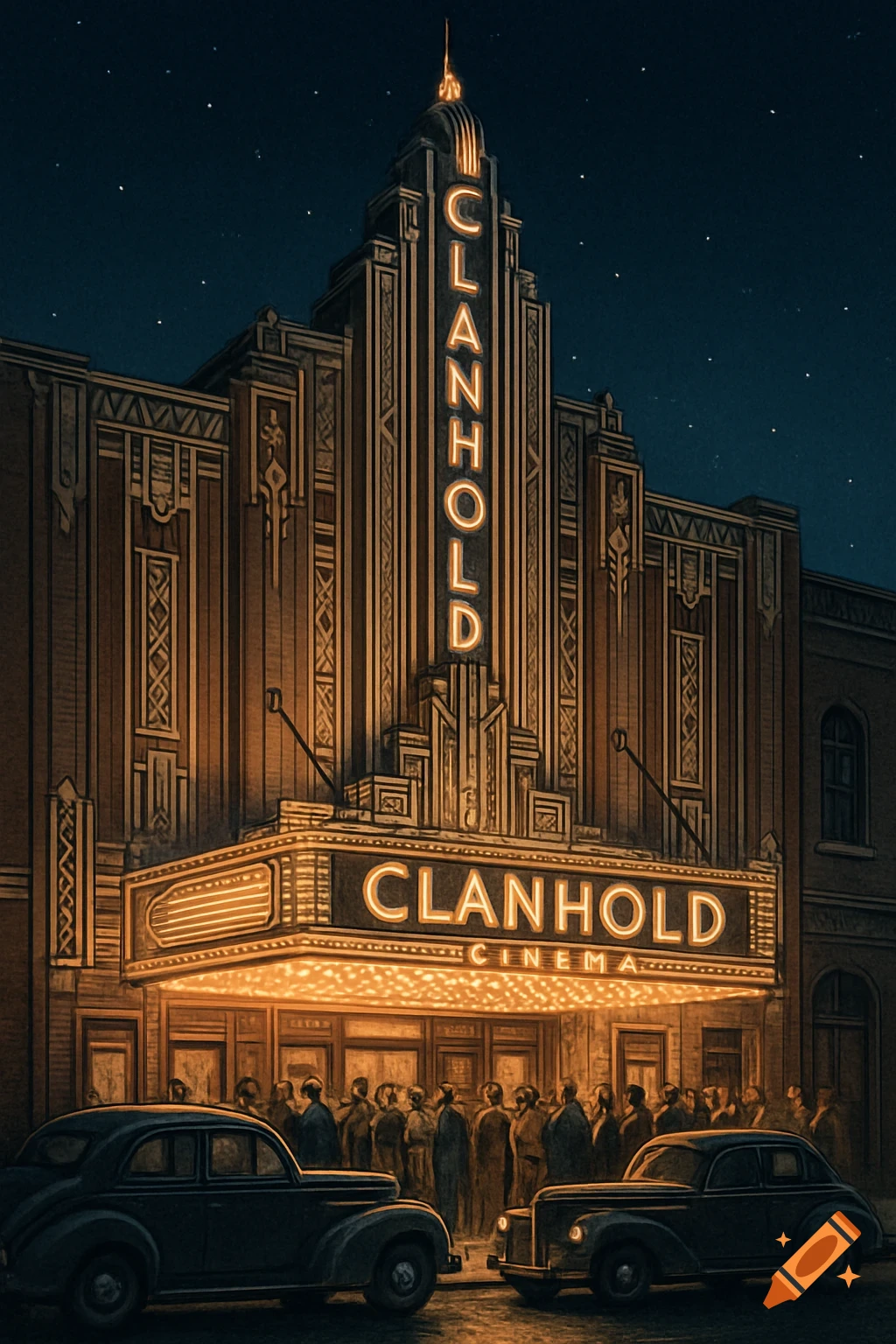 A brightly lit vintage Art Deco cinema at night, with a marquee displaying 'CLANHOLD CINEMA', a crowd of people outside, and classic cars.
