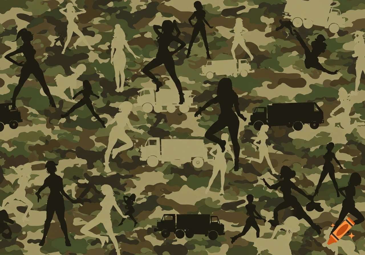 Camouflage pattern with black and light-colored silhouettes of women and trucks.