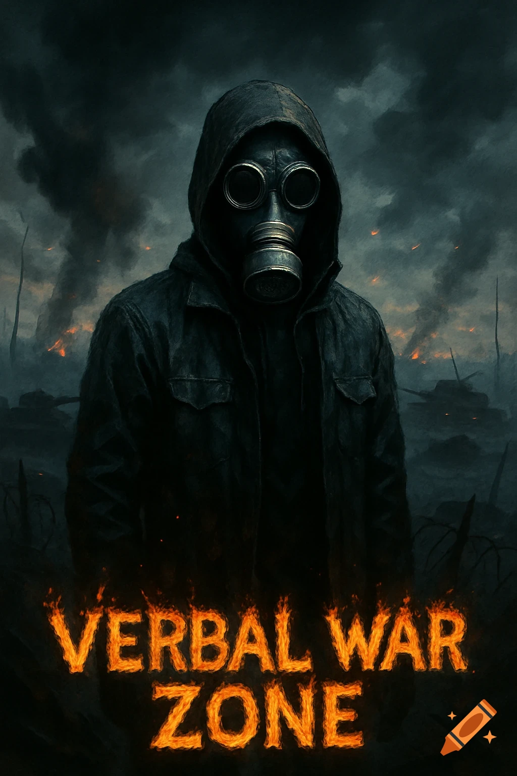 A hooded figure in a gas mask stands in a smoky, fiery warzone with "VERBAL WAR ZONE" in flame text.