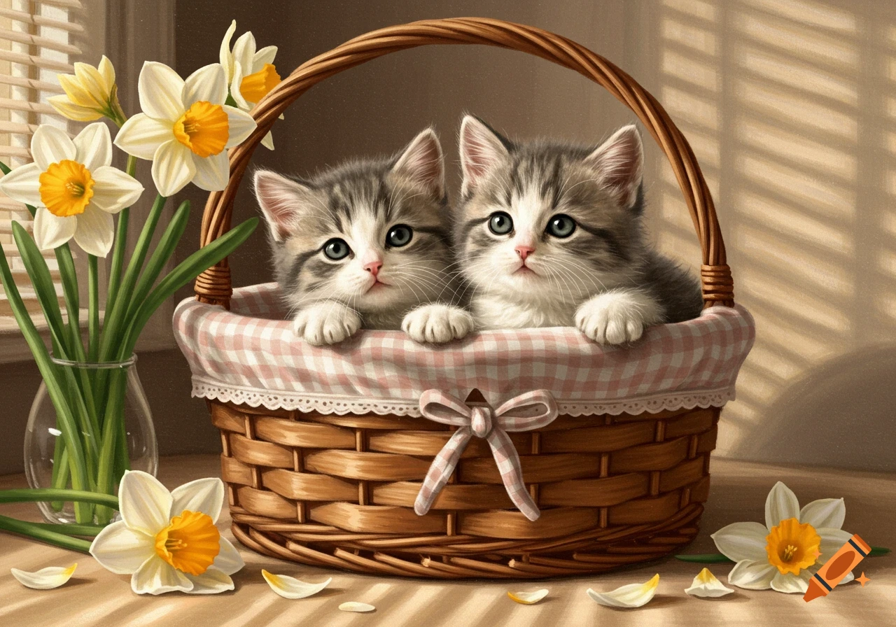 Two fluffy tabby kittens in a wicker basket with a pink plaid liner, surrounded by white and yellow daffodils.