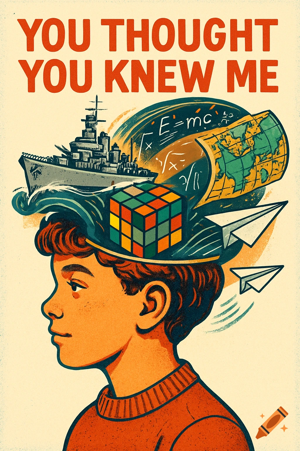 Retro-style illustration of a boy with a battleship, Rubik's Cube, map, math, and paper airplanes coming from his head. Text: YOU THOUGHT YOU KNEW ME.