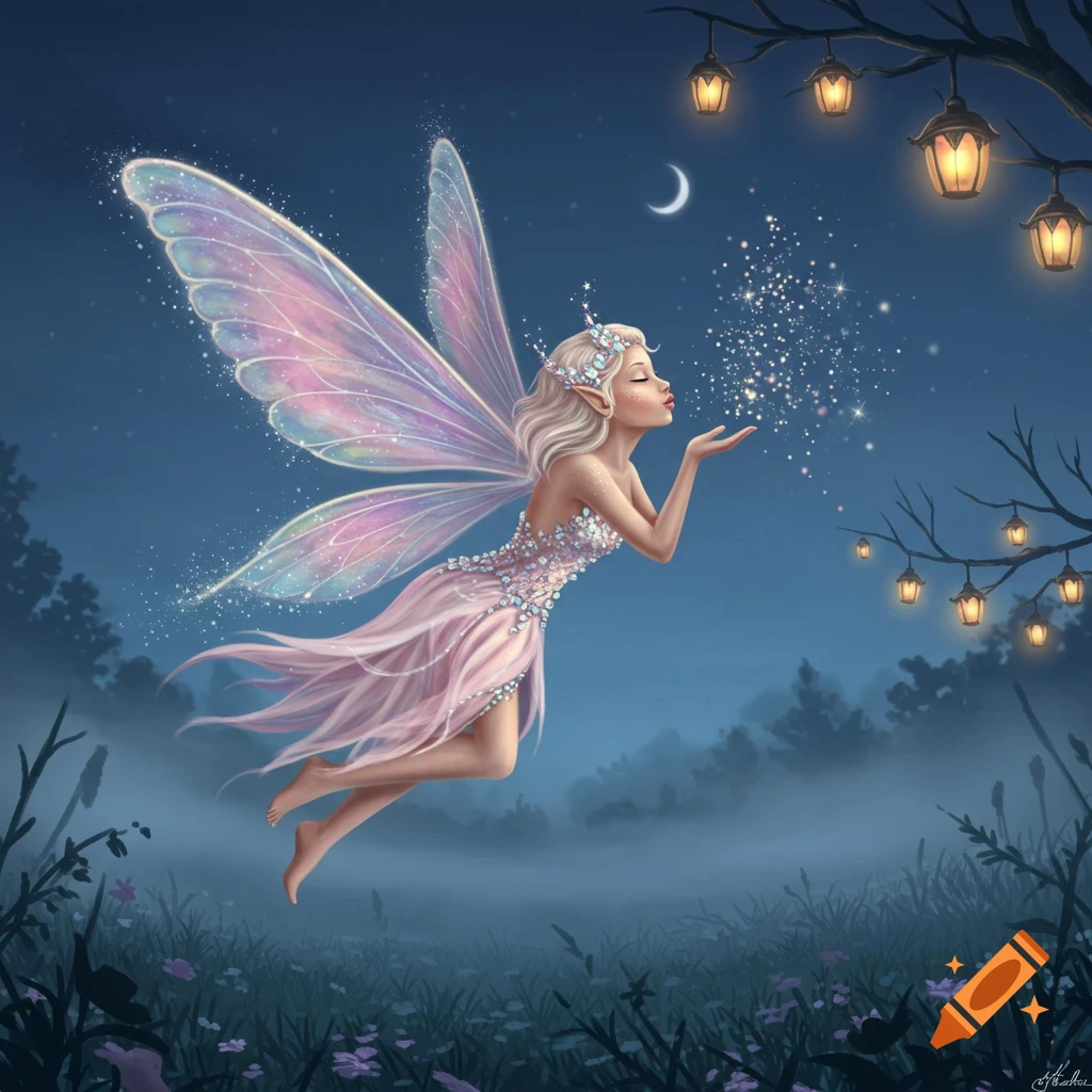 A graceful fairy with translucent wings and a pink dress flies at night, blowing sparkling dust under a crescent moon and glowing lanterns.