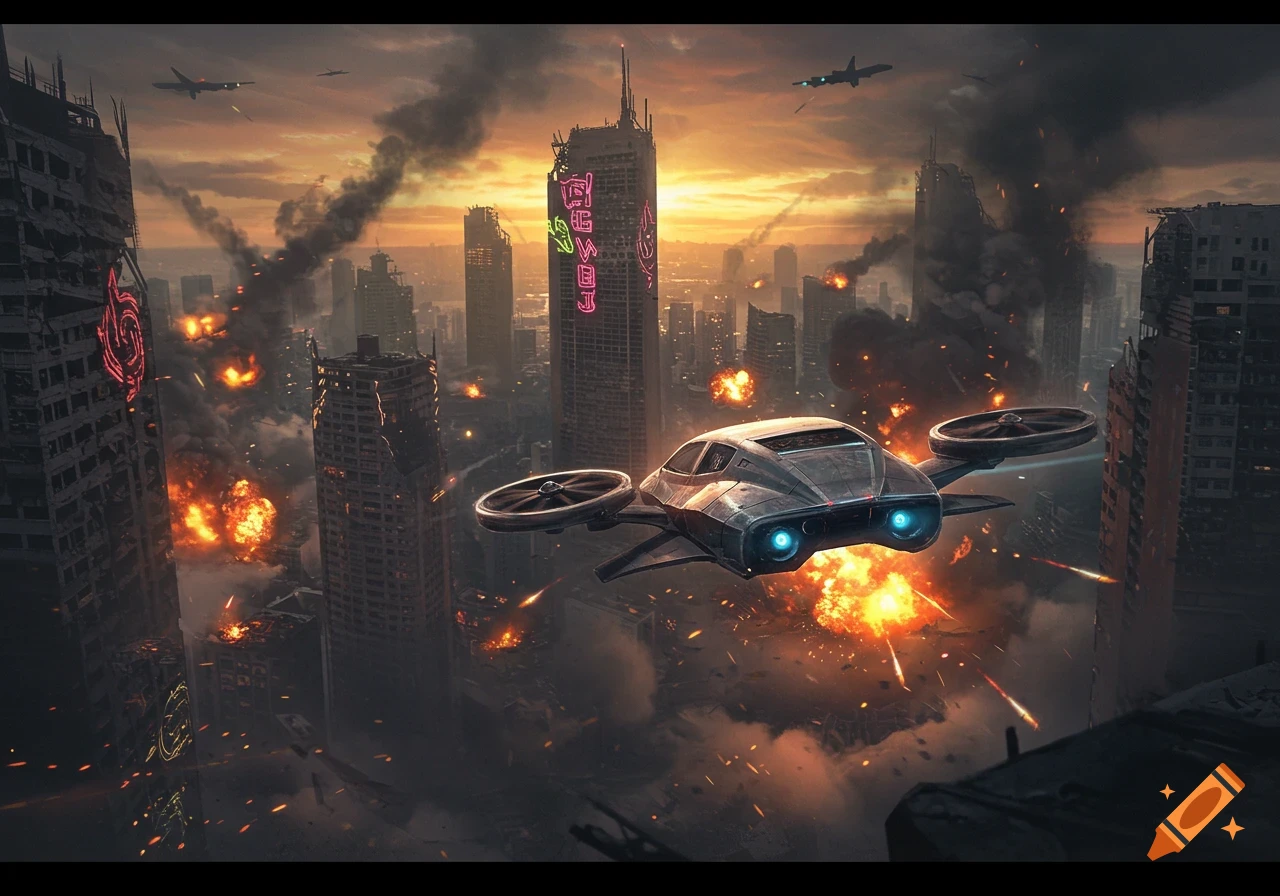 A futuristic flying car soars over a dystopian city engulfed in explosions and smoke at sunset, with ruined skyscrapers visible.