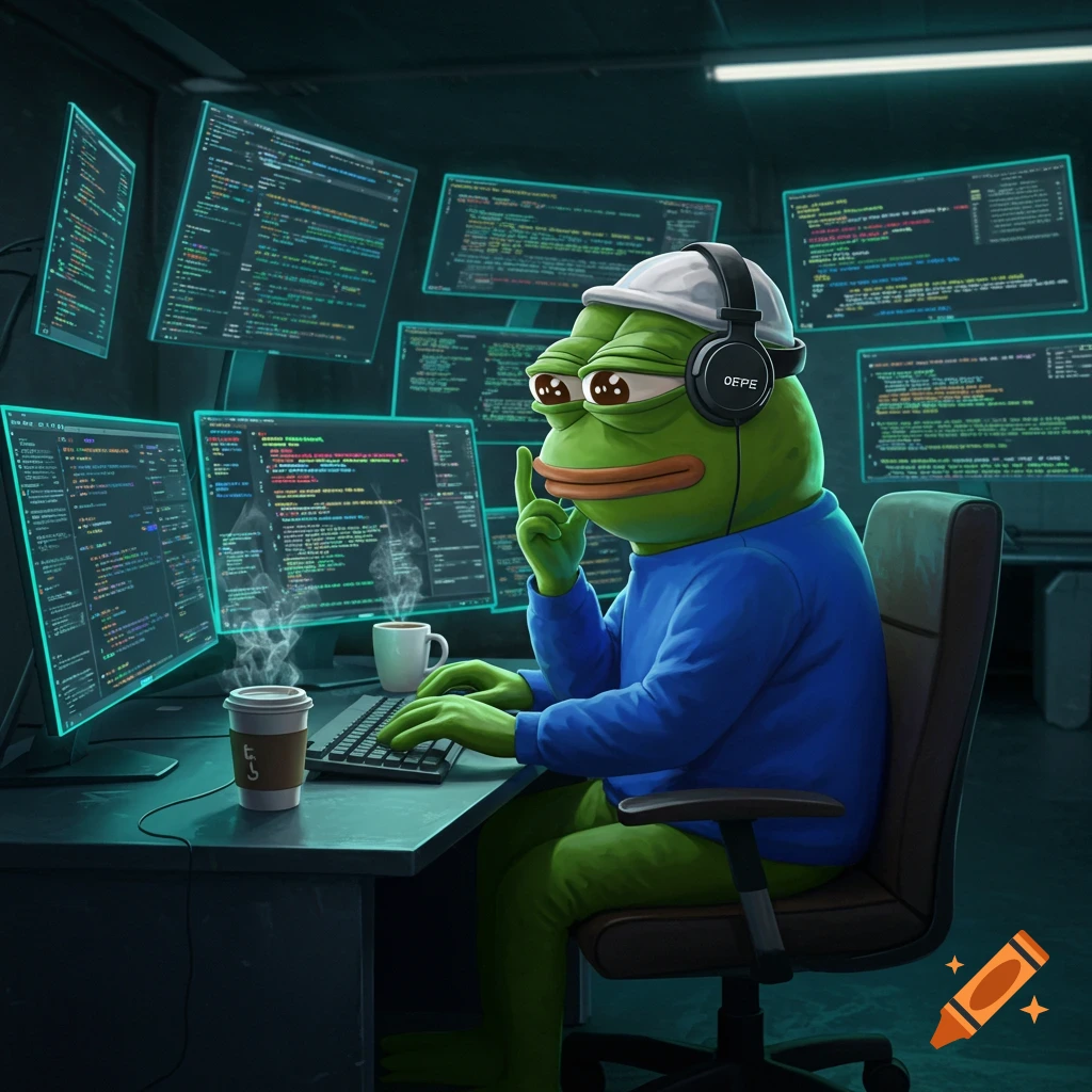 Pepe the Frog sits at a desk in front of multiple computer monitors displaying code, wearing headphones and thinking, in a dark room with a sci-fi feel.