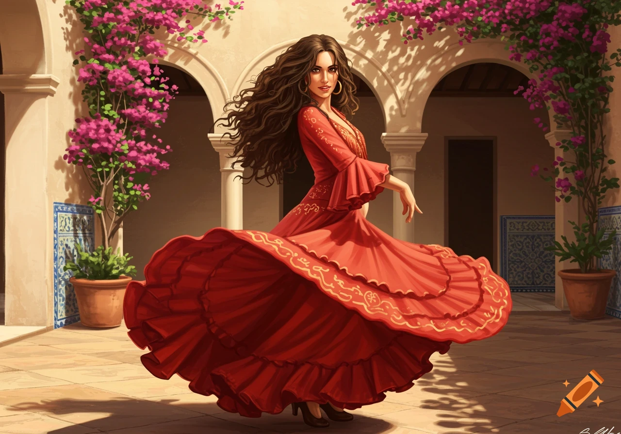 A woman with long wavy hair in a flowing red dress dances in a sunny Spanish courtyard with pink bougainvillea and arches, digital painting.