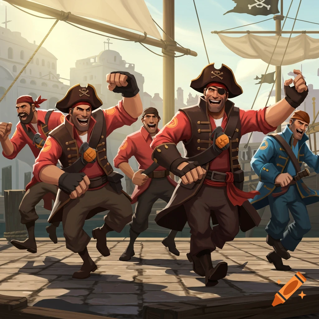 Team Fortress 2 characters dressed as pirates, running and cheering on a dock with a ship in a stylized video game art style.