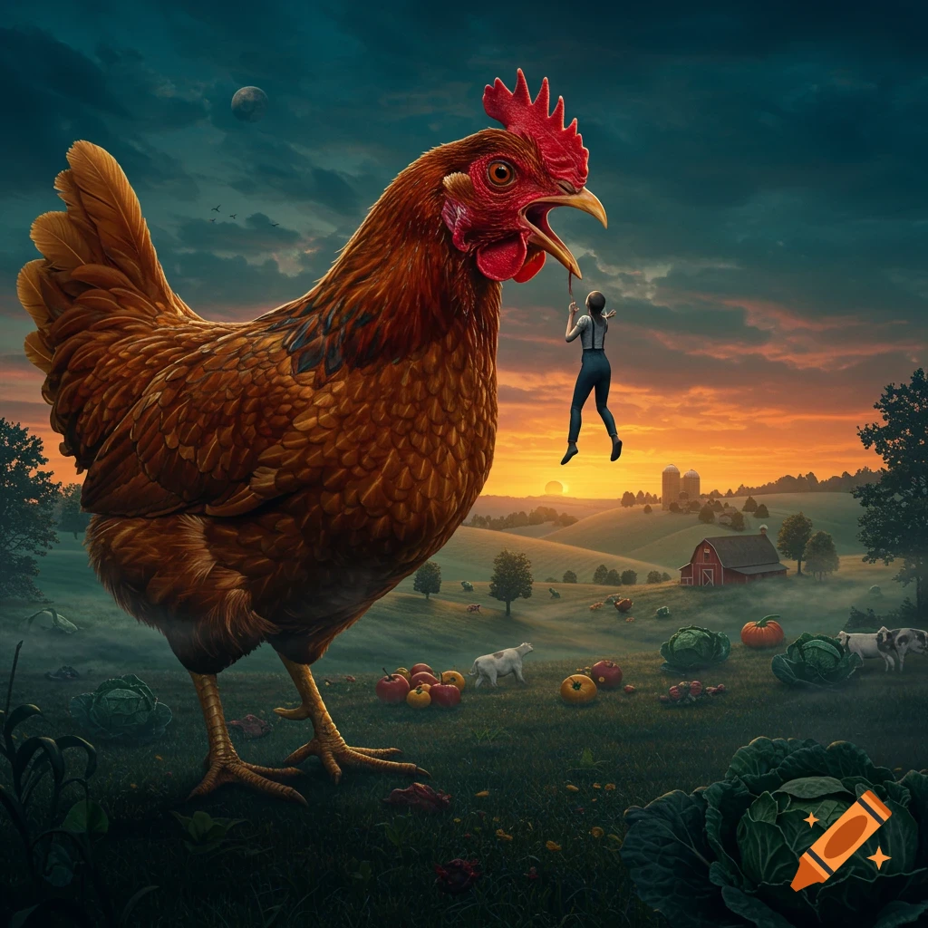 A massive brown chicken holds a small human in its beak against a dramatic sunset farm landscape.