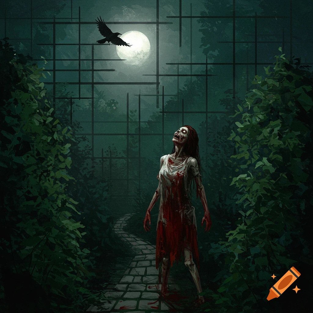 A bloody zombie woman with long hair stands on a path in a dark garden, looking up at a full moon with a crow flying nearby. Oil painting style.