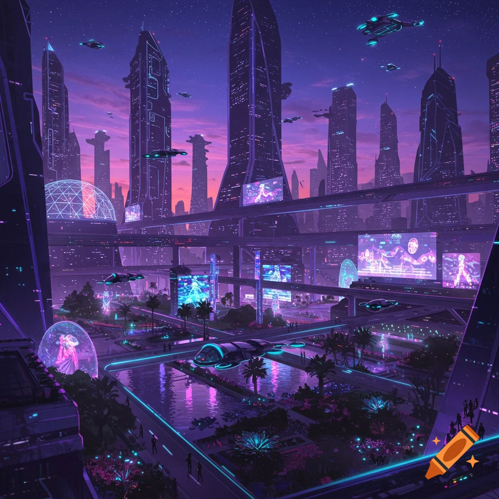 Vibrant purple futuristic cityscape at dusk, with towering skyscrapers, elevated transit, flying vehicles, and illuminated gardens.