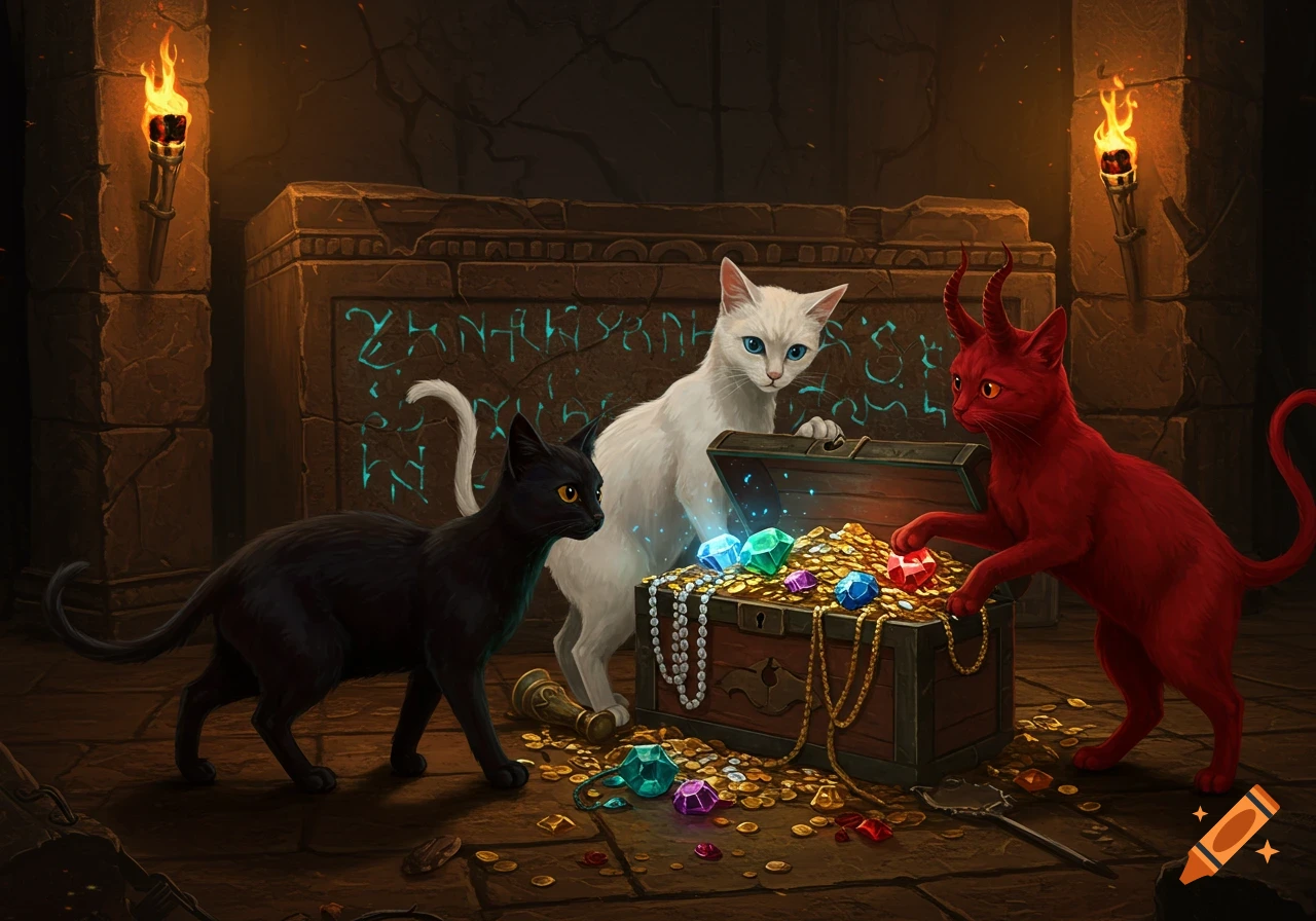 Three cats, one black, one white, and one red with horns, surround an open treasure chest filled with gold and jewels in a dungeon.