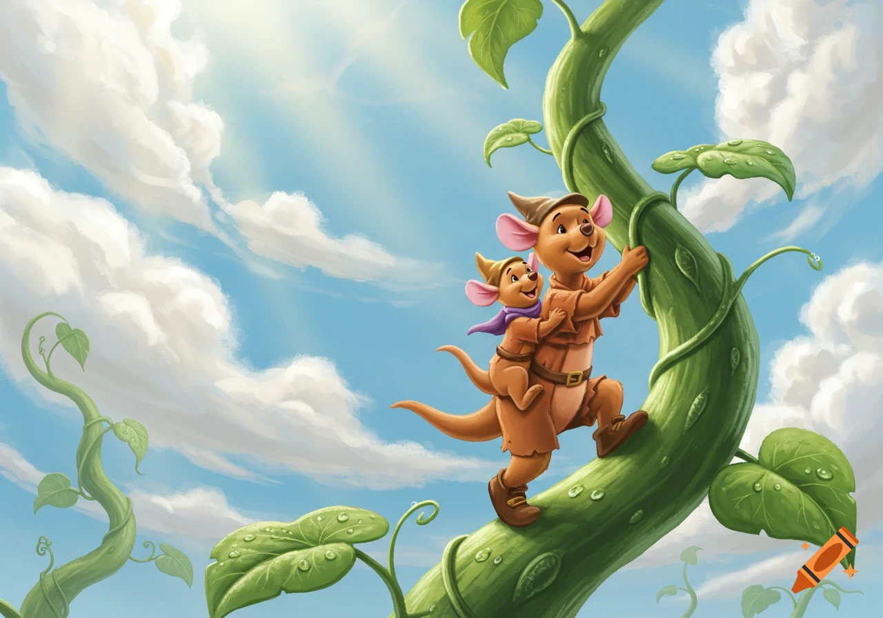 Kanga with Roo on her back, dressed as Jack, climbs a giant green beanstalk towards a blue sky with white clouds in a cartoon style.
