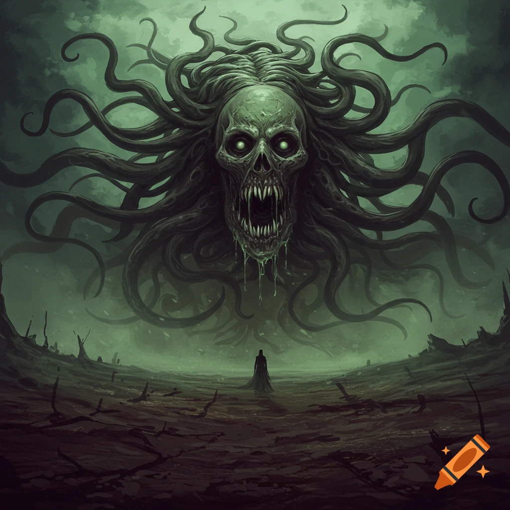 A colossal, skull-faced monster with glowing eyes and dripping tentacles looms over a small cloaked figure in a dark, misty, desolate landscape.