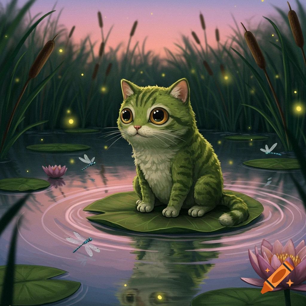 A green, striped cat with large eyes sits on a lily pad in a pond with water lilies and dragonflies at sunset.