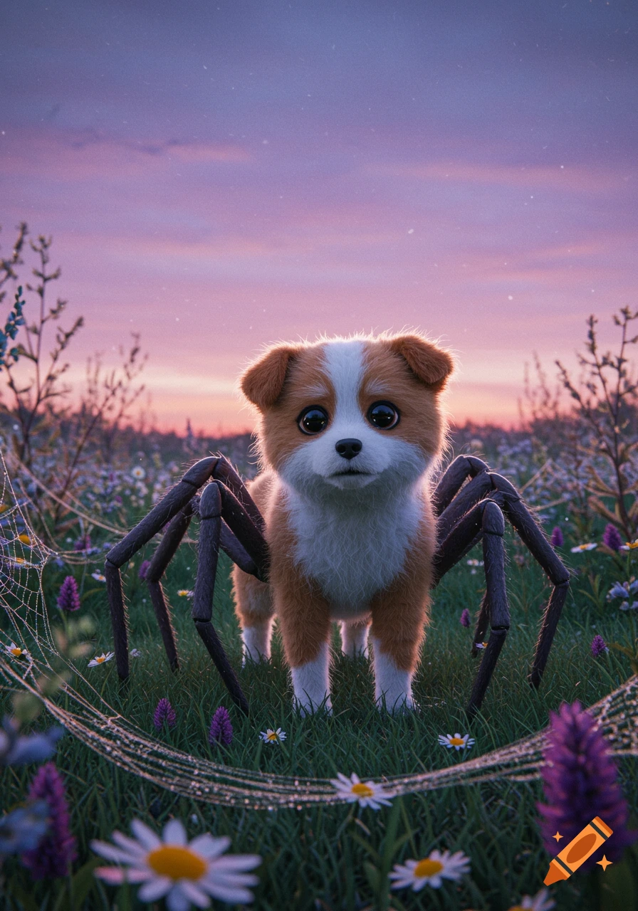 A cute, furry brown and white puppy with eight dark spider legs stands in a field of green grass and wildflowers under a purple and orange sunset sky.