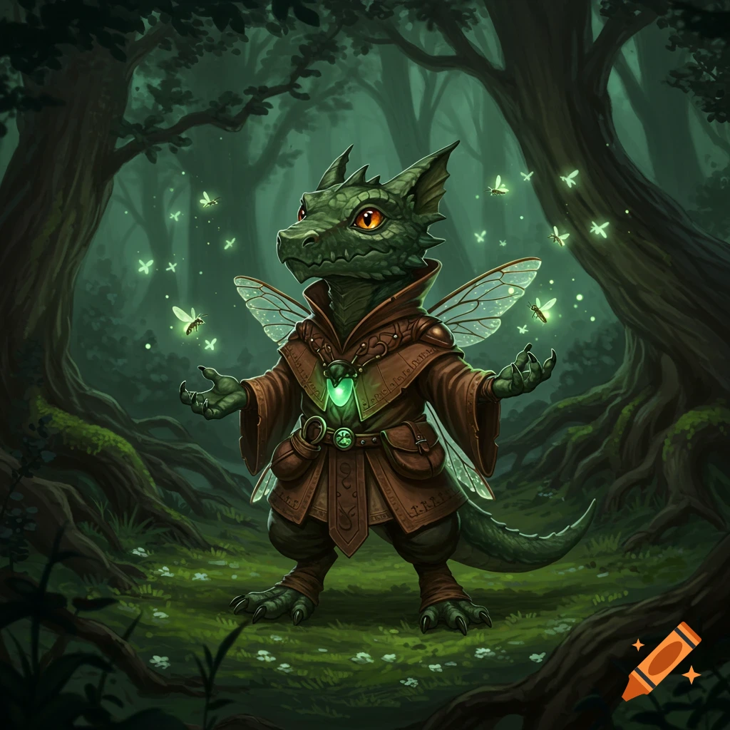 A green dragon-like creature with fairy wings and a robe stands in a dark forest surrounded by glowing fireflies.