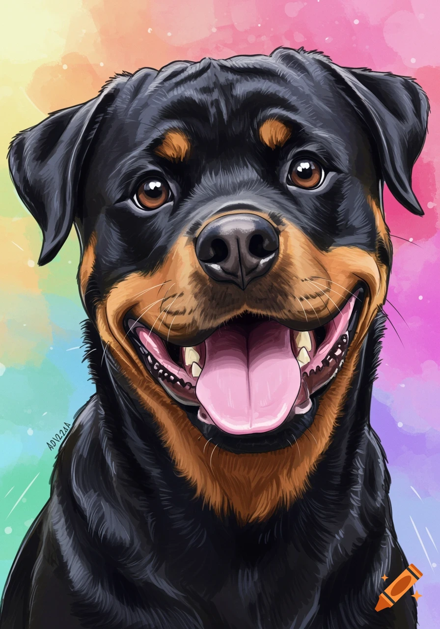 Close-up anime illustration of a smiling Rottweiler dog with its tongue out, on a vibrant watercolor background.
