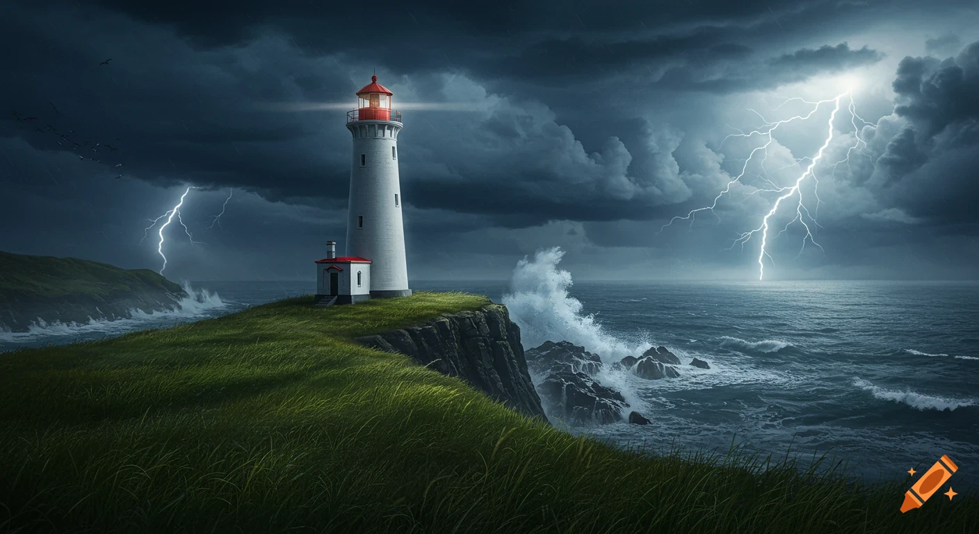 A photorealistic image of a white lighthouse with a red cap on a grassy cliff overlooking a stormy sea with crashing waves and lightning strikes in a dark sky.