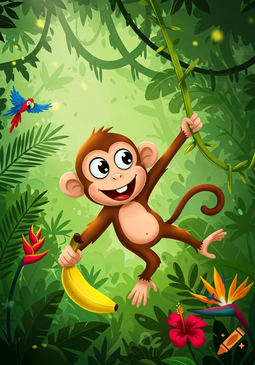 A happy cartoon monkey swings on a vine in a vibrant jungle, holding a banana, with a blue parrot flying nearby.