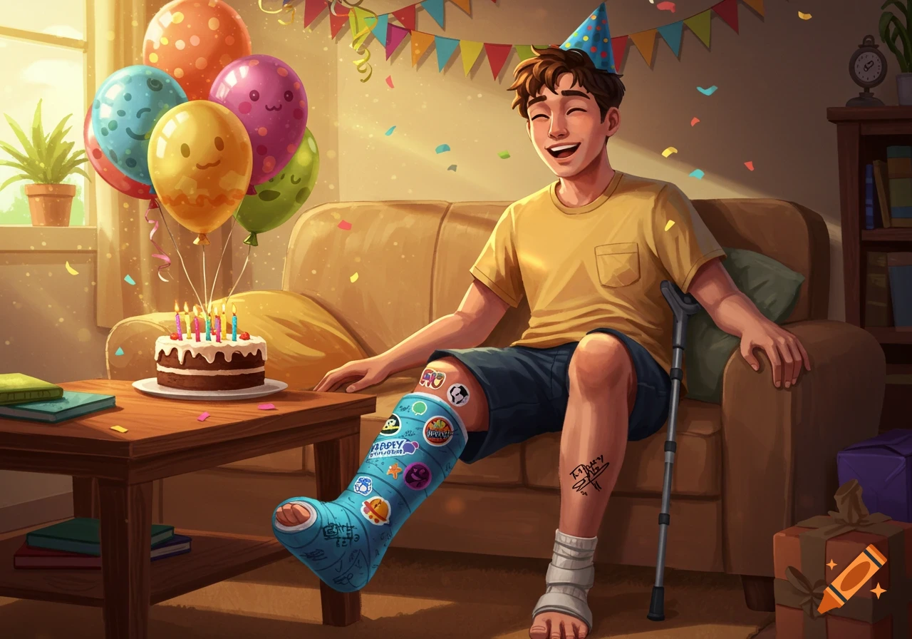 A smiling young man in a yellow shirt and shorts sits on a couch wearing a blue party hat and a leg cast, celebrating his birthday with a cake, balloons, and presents in a warmly lit room.