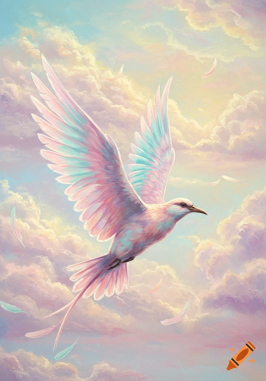 A pastel colored bird with large wings flies through a cloudy sky with feathers falling around it, in a whimsical art style.