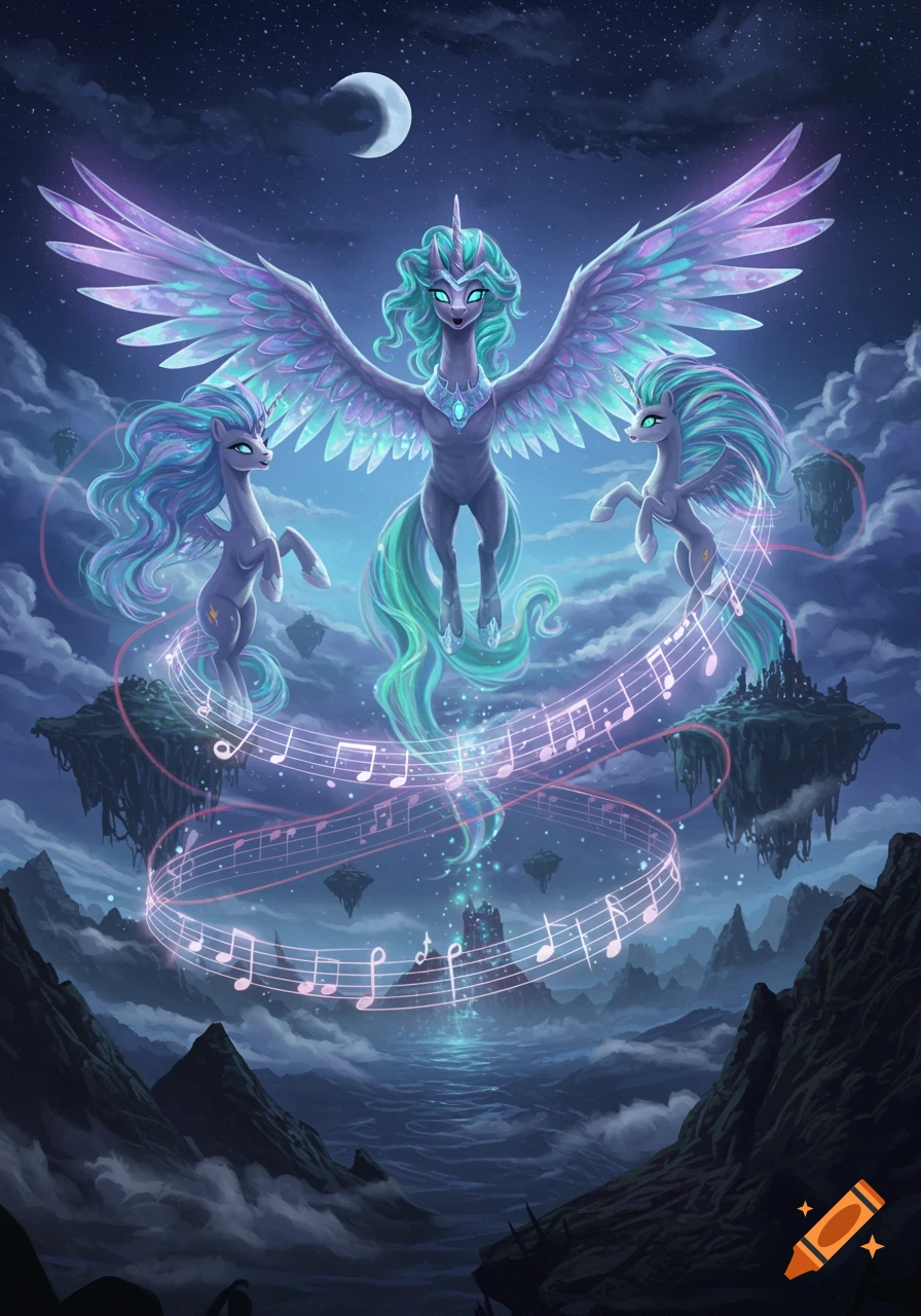 Three winged unicorns float in a magical night sky with glowing musical notes, clouds, and floating islands below a crescent moon.