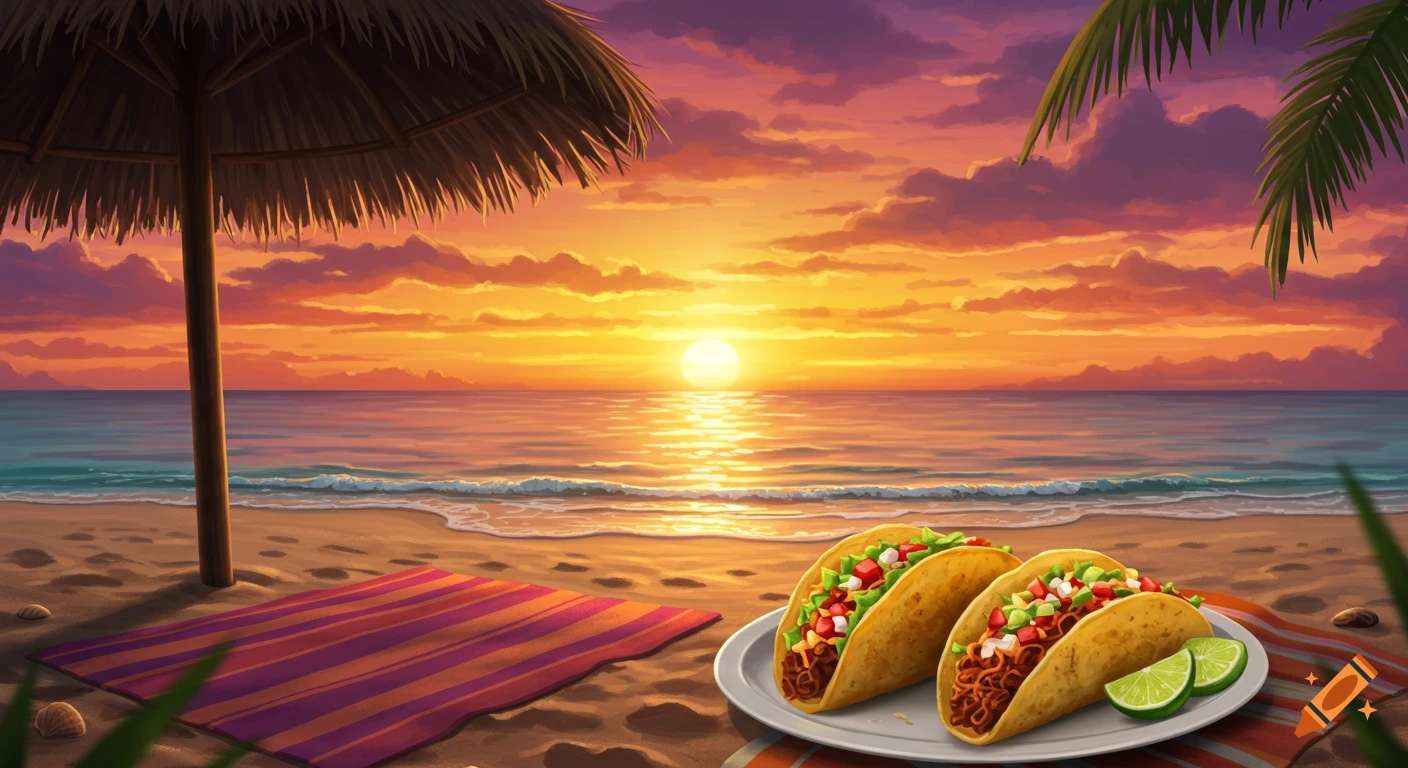 Three tacos on a plate on a sandy beach, with a vibrant orange and purple sunset over the ocean and a straw umbrella in the foreground.
