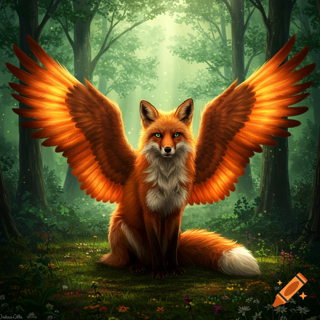 A majestic winged fox with bright orange feathers sits in a glowing green forest.