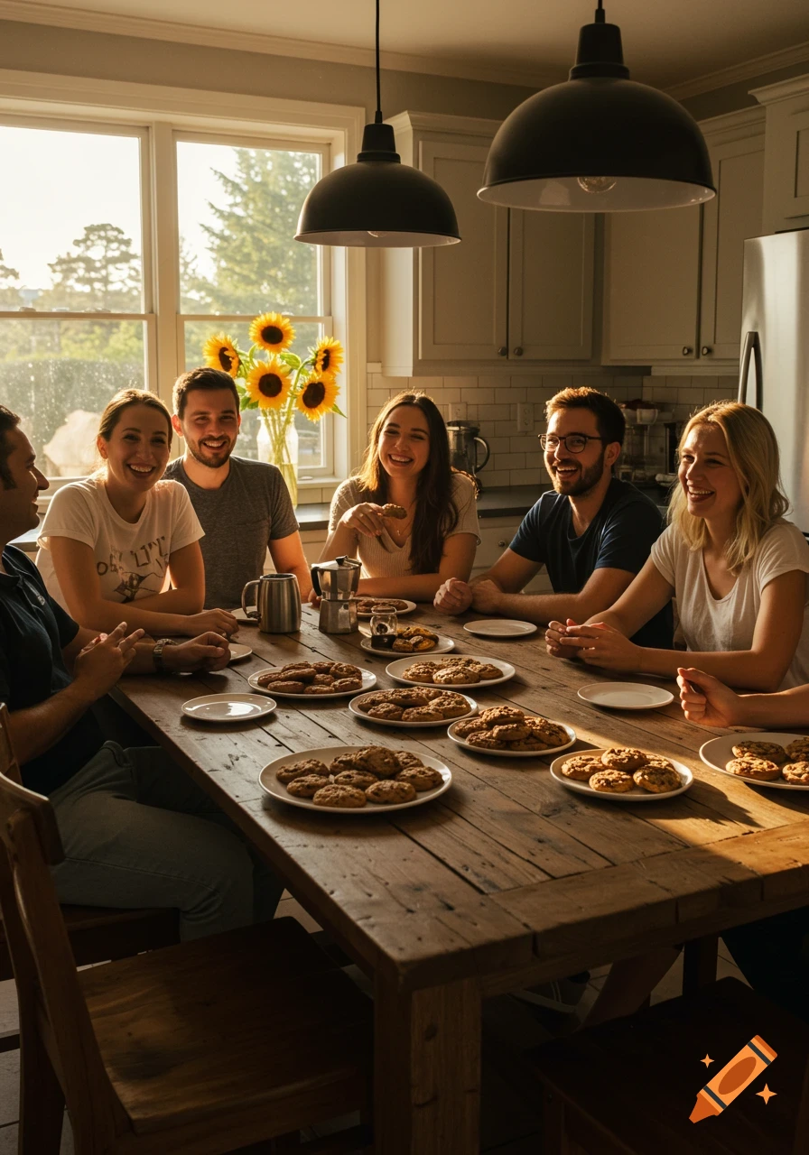 A group of friends laughing around a wooden table with plates of chocolate chip cookies and coffee in a sunlit kitchen.