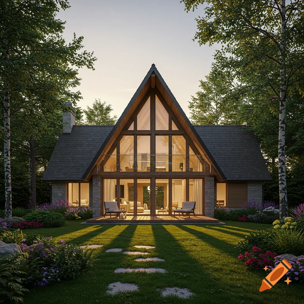 A photorealistic image of a modern A-frame house with large windows and a deck, surrounded by a lush garden and trees.