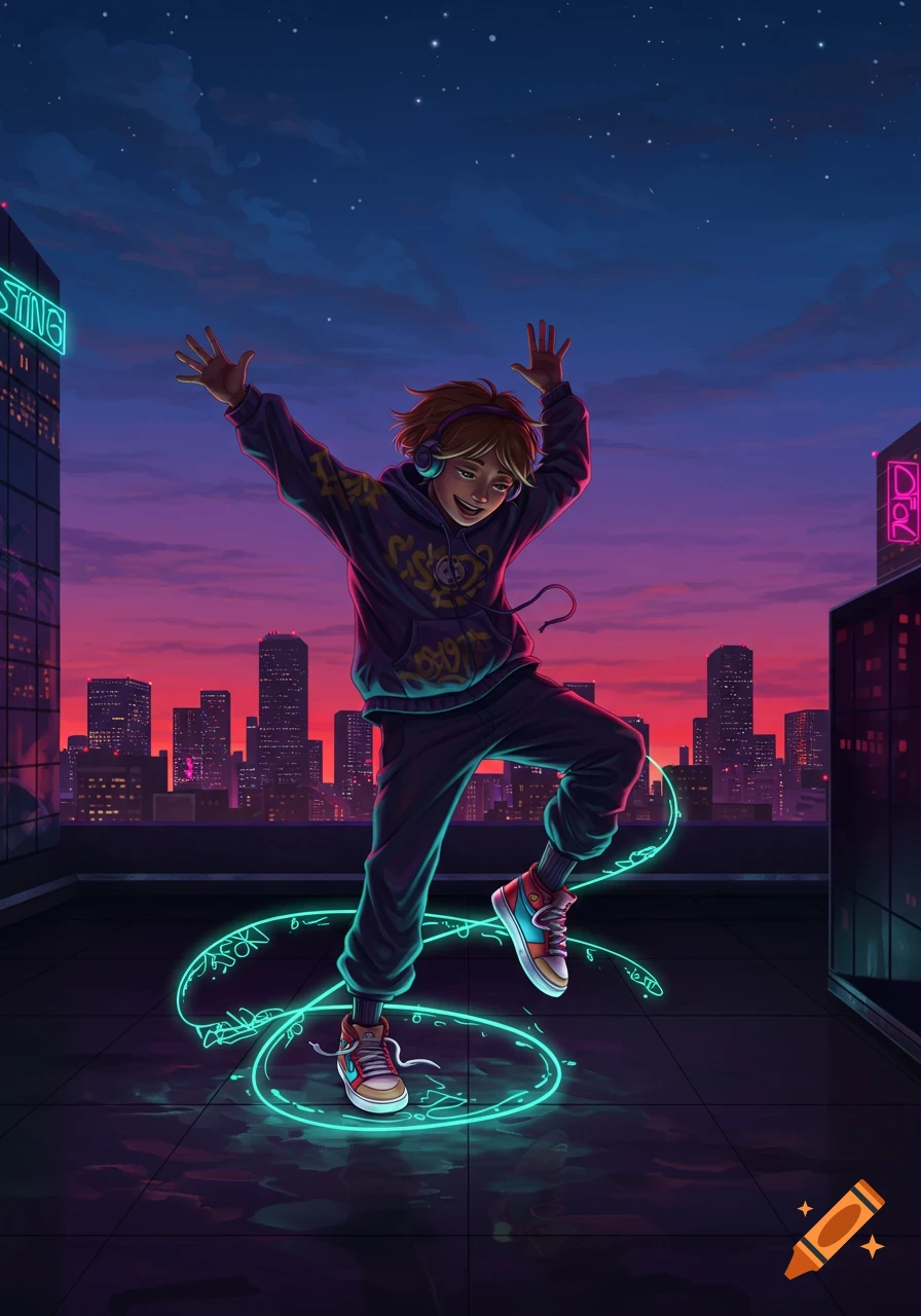 A stylized illustration of a person with headphones dancing on a neon-lit rooftop at dusk, with a city skyline in the background and glowing green trails around their feet.