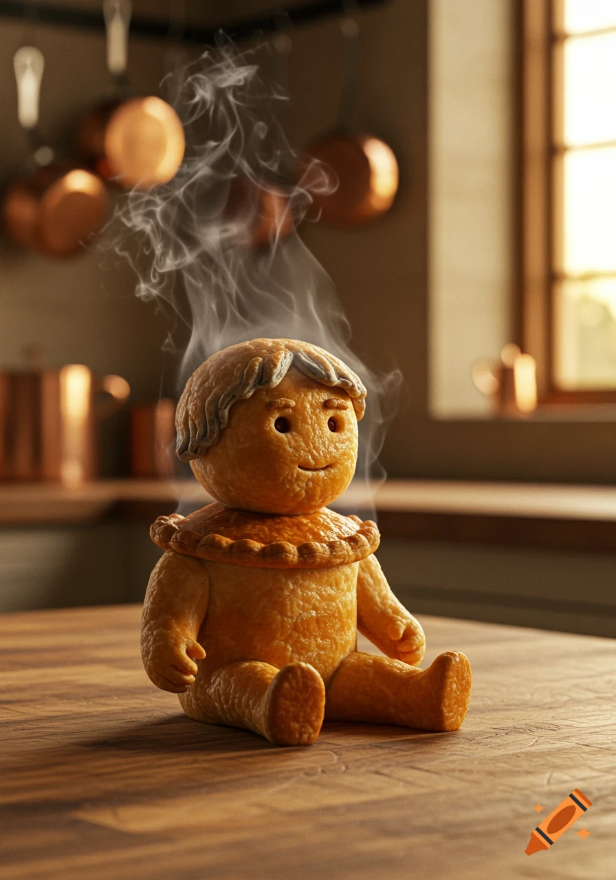 A photorealistic image of a small, steaming pie crust character with a smiling face sitting on a wooden kitchen table.