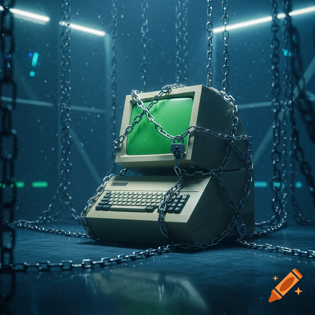 A vintage computer monitor and keyboard are wrapped in metal chains with padlocks, set in a dark, atmospheric room.