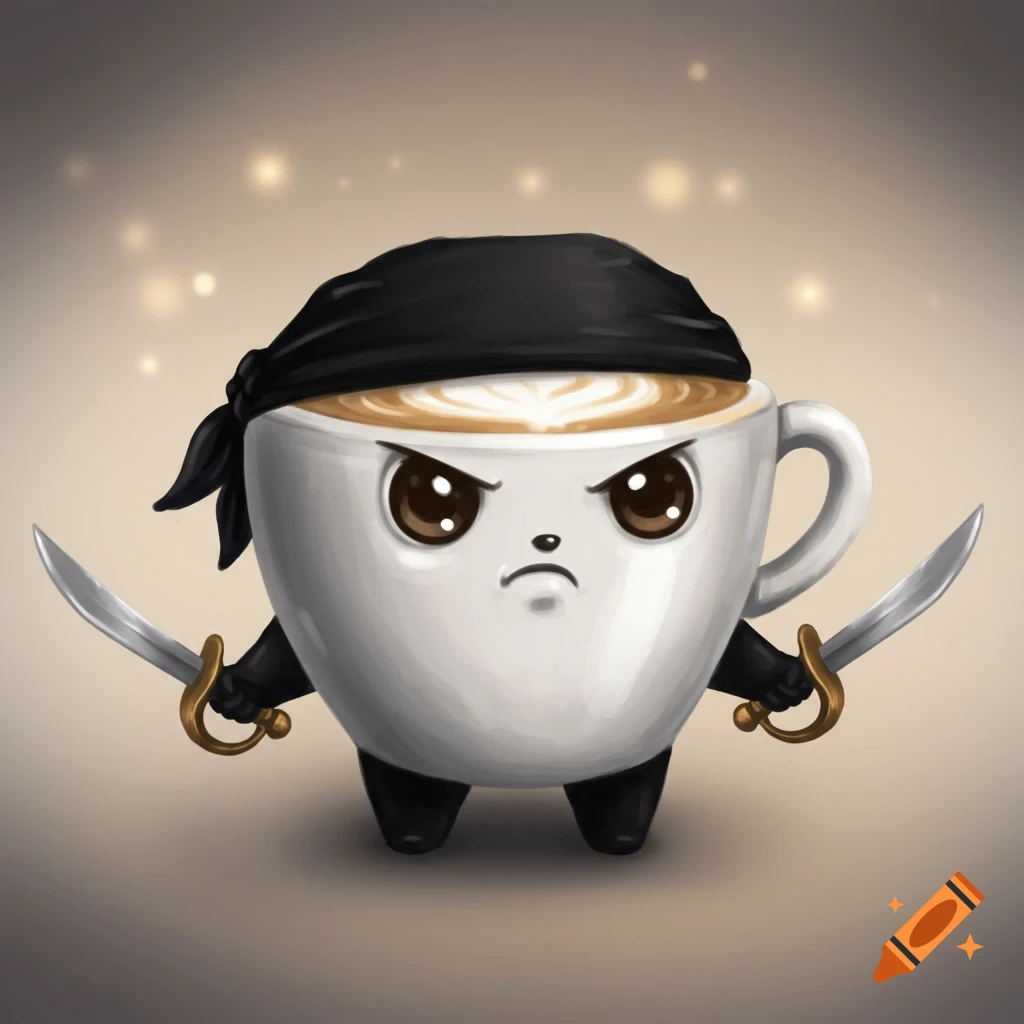 A cute cartoon coffee cup pirate, wearing a black bandana and holding two swords, on a simple background.